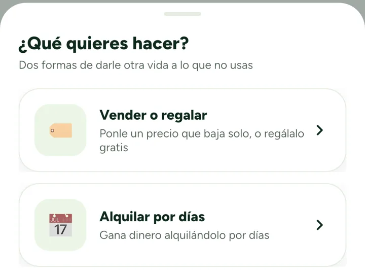 Ventana «¿Qué quieres hacer?» con las opciones «Vender o regalar» y «Alquilar por días»