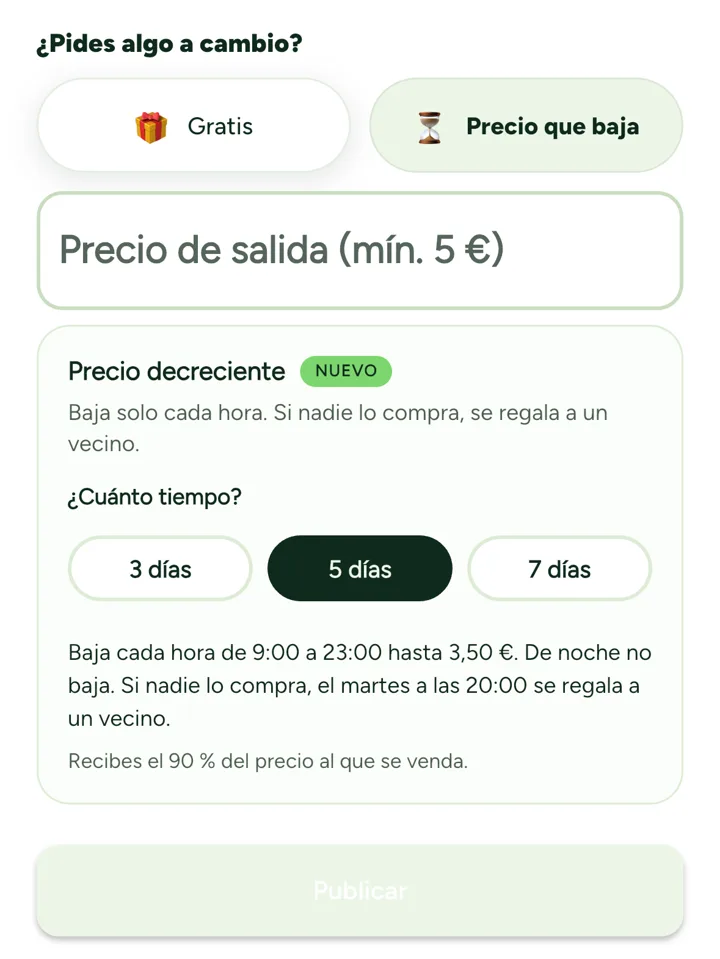 Opciones «Gratis» y «Precio que baja», con el precio de salida y la duración de 3, 5 o 7 días