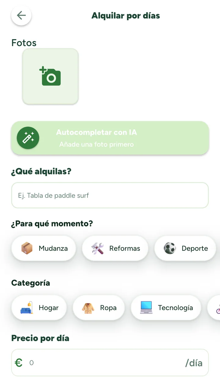 Formulario «Alquilar por días»: fotos, para qué momento, categoría y precio por día